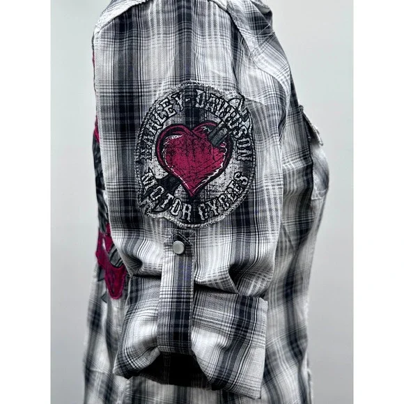 Harley Davidson Womens Plaid Snap Front Shirt Love To Ride Embroidered Wings  M - Picture 5 of 7
